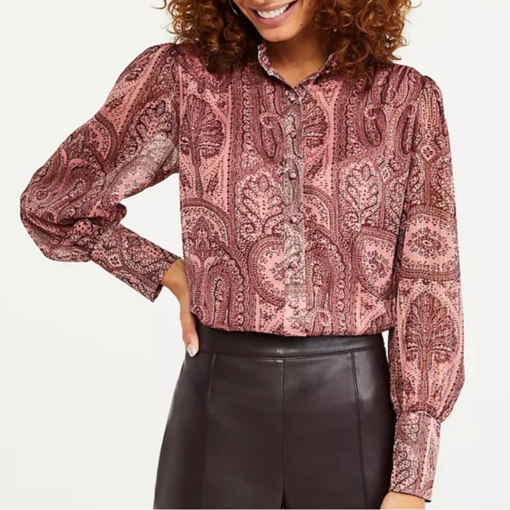 Ann Taylor Paisley Covered Button Mock Neck Blouse NWT size M #198